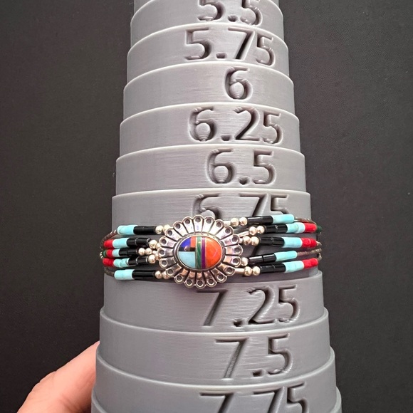 Vintage Native American Signed Liquid Silver Heshi Multi Inlay Bracelet - Picture 10 of 14